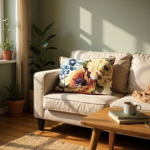 Pier 1 Imports Floral Embroidered Lumbar Pillow Blue Yellow Orange Zipper 19x13